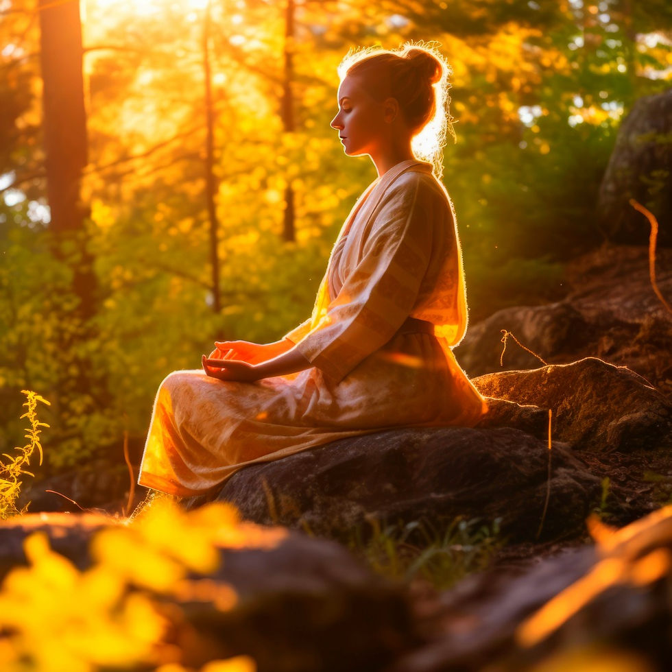A woman in a robe meditates on a rock in a sunlit forest, surrounded by glowing autumn foliage, exuding serenity and peace.