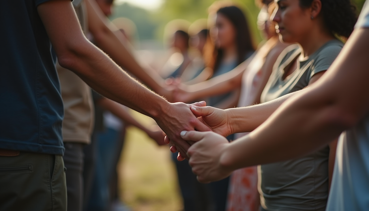High angle view of a small group of people holding hands in prayer outdoors