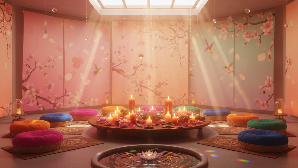 Eye-level view of a serene meditation space with candles and cushions