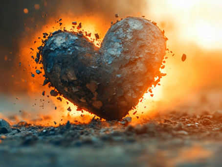 A heart of stone emerges against a fiery backdrop, symbolizing a return to compassion amidst adversity.