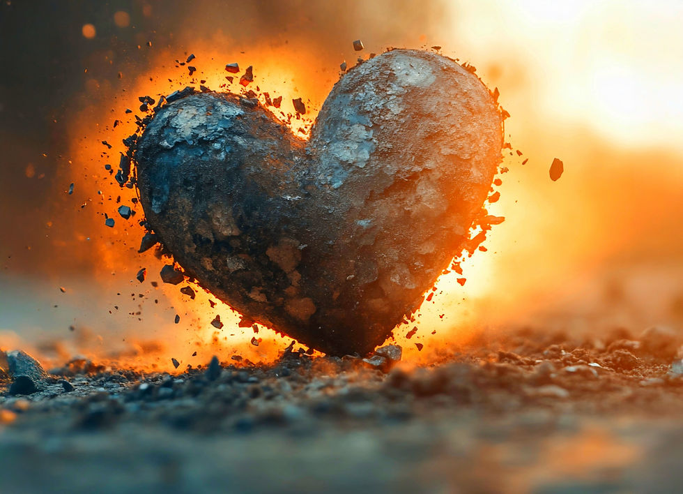 Heart-shaped rock bursting apart against a fiery orange glow, with debris flying over a rocky ground.