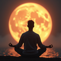 Meditation with glowing planetary symbol.