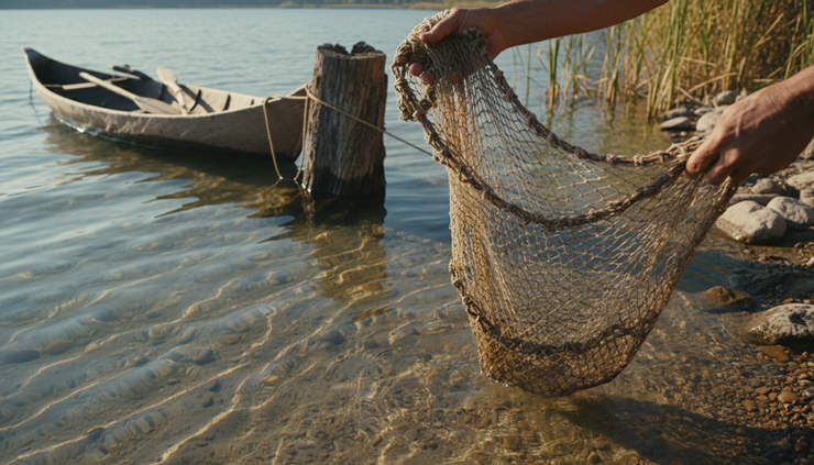 Eye-level view of a weathered fishing net being held above clear shallow water