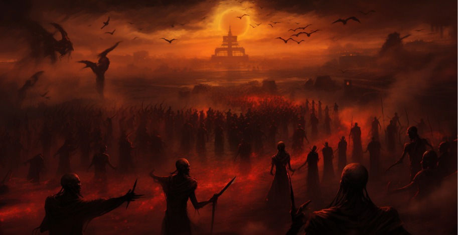 Dark figures with weapons gather under a dramatic, fiery sky and setting sun. Birds hover above, creating a tense and ominous atmosphere.