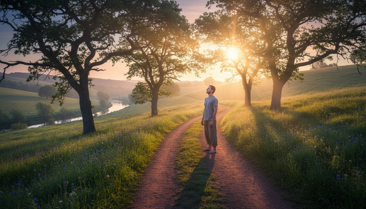 Wide-angle view of a lone person standing at sunrise beside a quiet path.