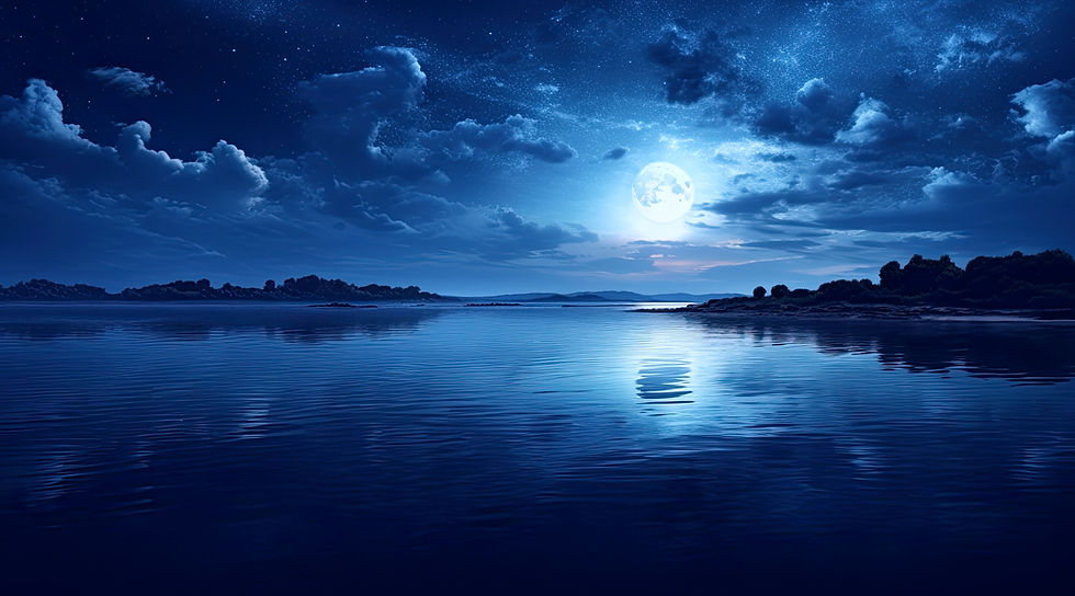 Moonlit night over a serene lake with stars and clouds in the sky. The moonlight reflects on the calm water, creating a tranquil mood.
