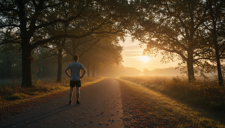 Wide-angle view of a runner pausing on a quiet path at sunrise with hands on hips.