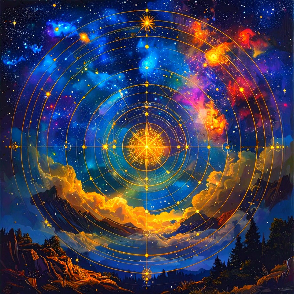 Cosmic scene with vibrant stars, nebulae, and golden geometric patterns. Mountains and trees are silhouetted below a colorful night sky.