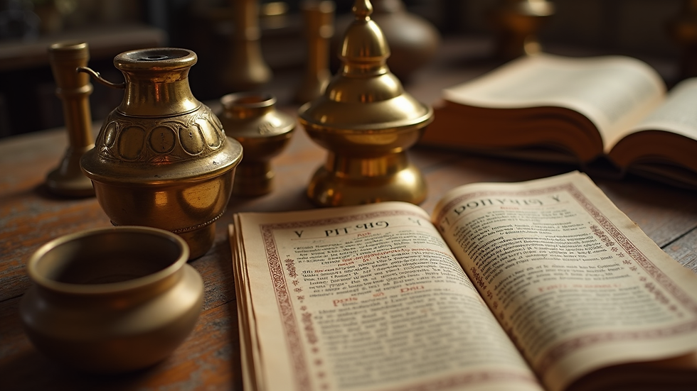 Close-up view of traditional Vedic astrology tools including brass instruments and sacred texts