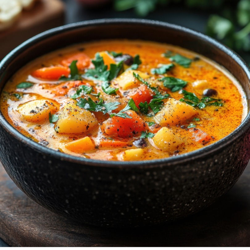 A hearty bowl of root vegetable soup.