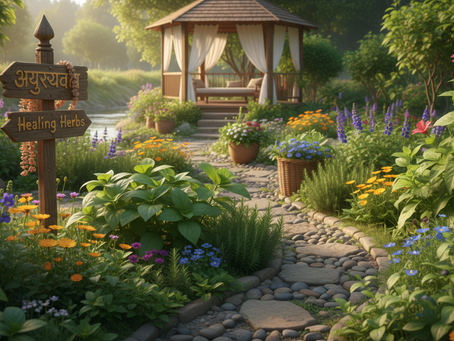 A serene Ayurvedic herb garden with vibrant green plants