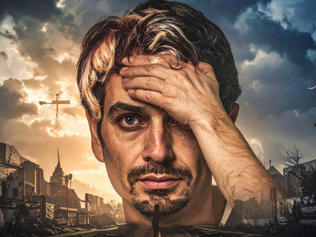 A man covers one eye, his expression thoughtful and intense, as a dark, apocalyptic landscape unfurls behind him
