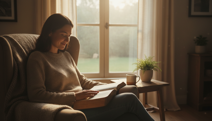 Eye-level view of a person sitting quietly by a window with an open Bible.