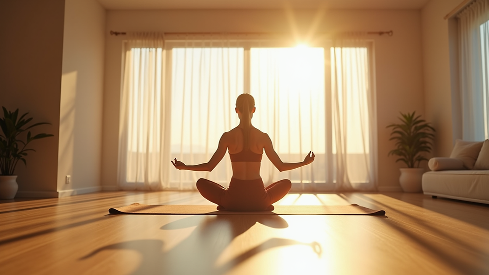 Eye-level view of a serene morning yoga practice in a sunlit room