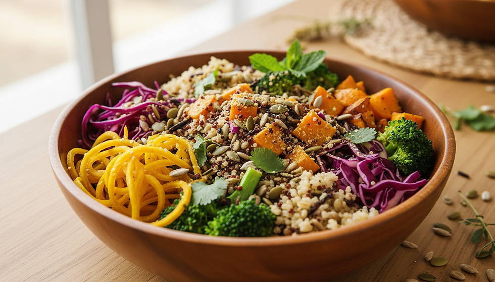 A colorful bowl of seasonal vegetables and grains