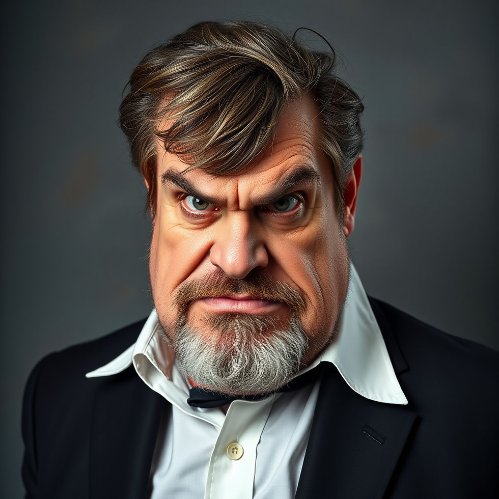 Bearded man with intense expression in a dark suit and white shirt against a gray background. Mood is stern and serious.