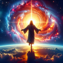 Christ as a divine messenger, standing gracefully amidst a cosmic swirl.