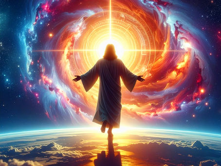 Christ as a divine messenger, standing gracefully amidst a cosmic swirl.