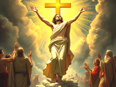 A divine scene depicting the resurrection, with a radiant figure ascending towards a glowing cross.