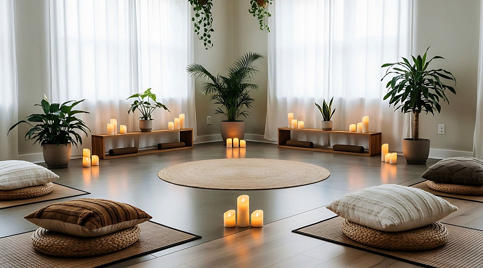 Close-up view of a serene yoga space with meditation cushions and soft natural light