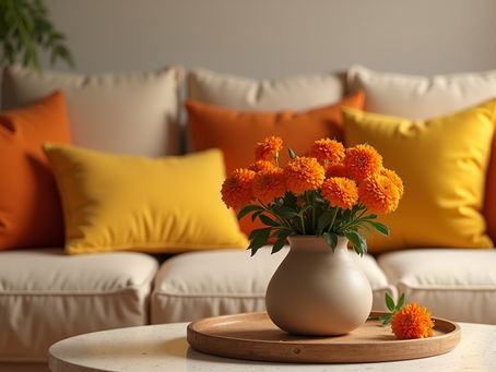 Home environment with Thursday colors: orange and yellow cushions and marigold flowers