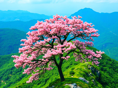 A solitary tree with pink blossoms stands on a green mountainside.