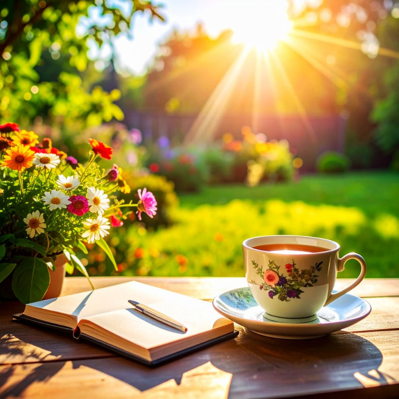 Teacup with floral design, open notebook, pen on table in sunny garden. Colorful flowers bloom, creating a serene, vibrant atmosphere.