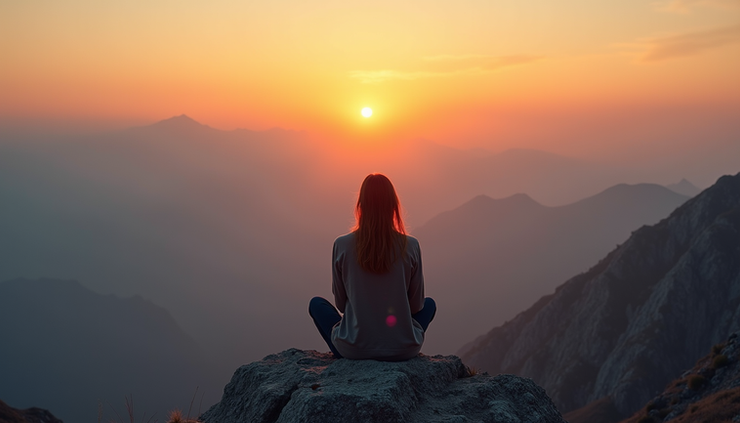 High angle view of a solitary figure sitting peacefully on a mountain peak at sunrise, symbolizing spiritual awakening