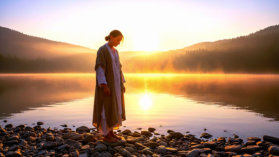 Wide-angle view of a quiet person standing at sunrise beside still water.