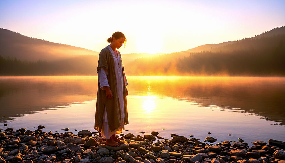 Wide-angle view of a quiet person standing at sunrise beside still water.