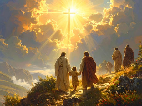 Christ leads His disciples in a serene landscape, bathed in divine light