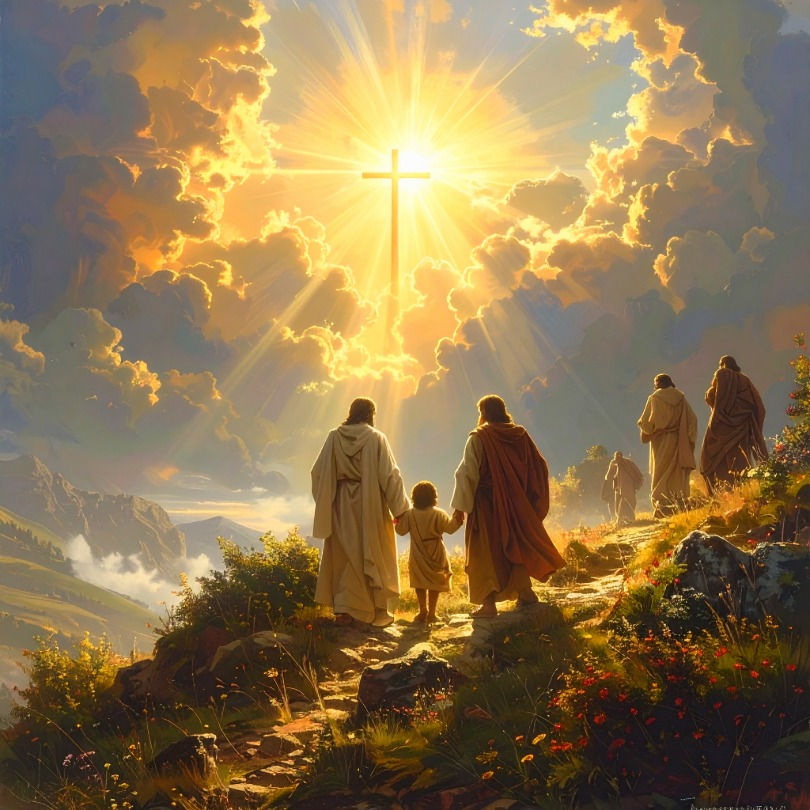Christ leads His disciples in a serene landscape, bathed in divine light