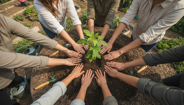 Overhead view of hands planting a young tree in dark soil
