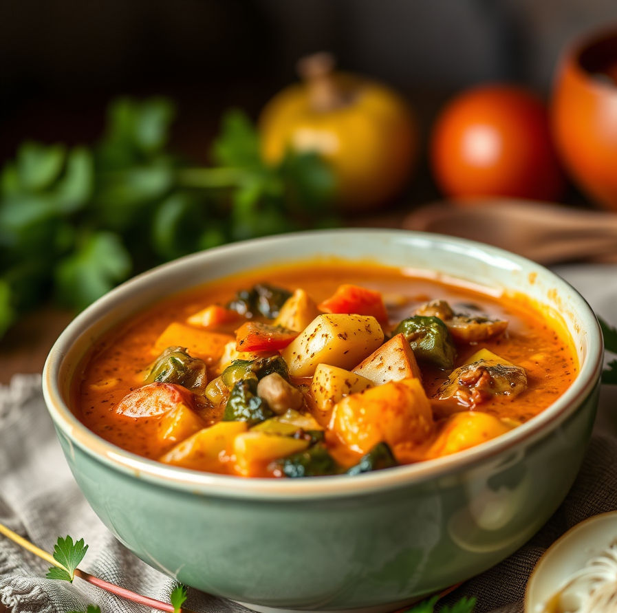 Close-up view of a warm bowl of spiced vegetable stew