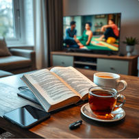 A Bible, a smartphone, and a cup of coffee share a serene moment in a contemporary living space.