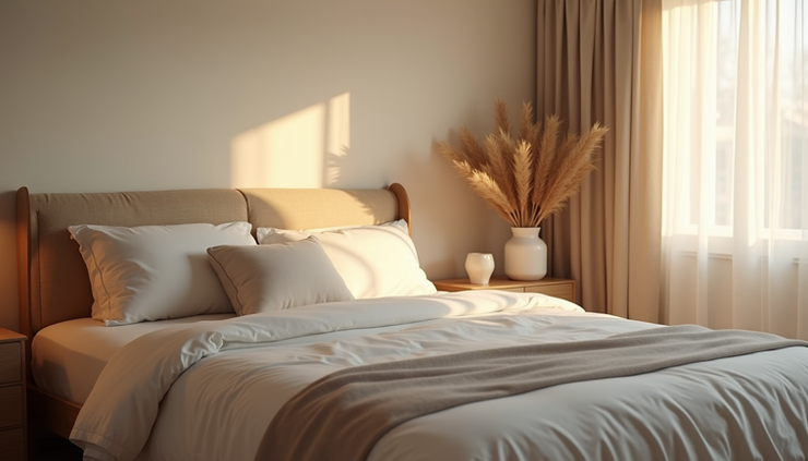 Eye-level view of a cozy bedroom with soft lighting and a neatly made bed