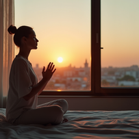 Evening breathing routine by a window