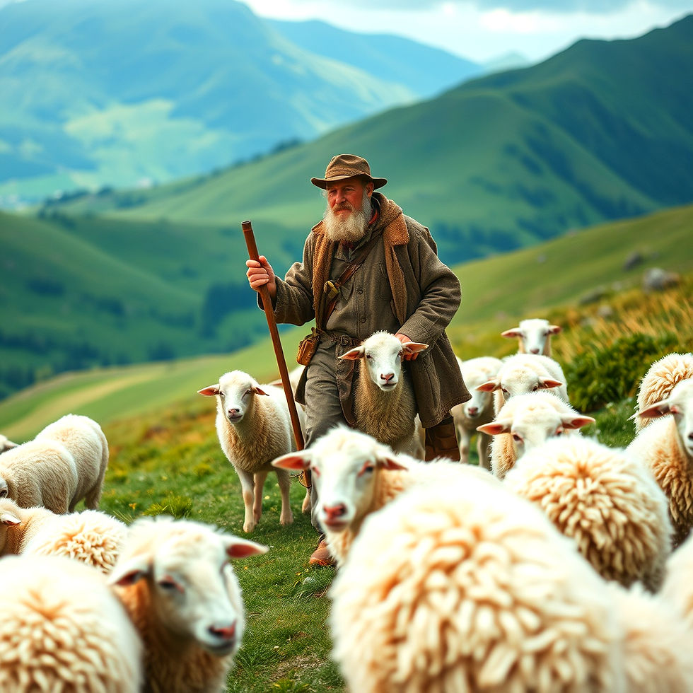 A shepherd with a cane dutifully guides a flock of white sheep across a lush green hillside