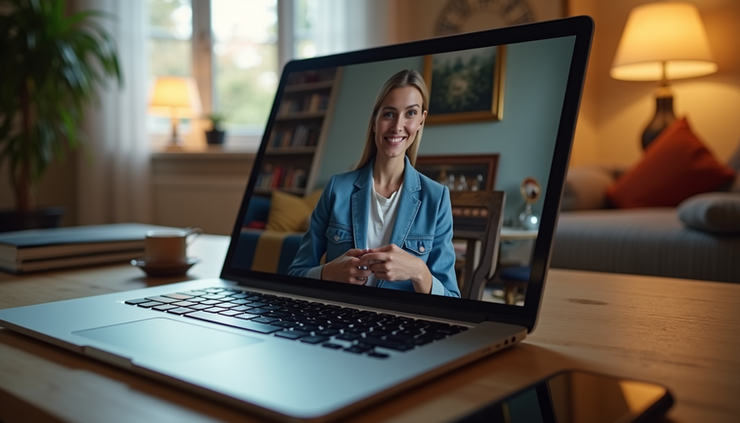 High angle view of a laptop with a video call screen showing a single participant