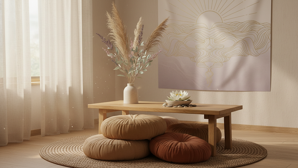 Eye-level view of a serene meditation corner with cushions and soft lighting