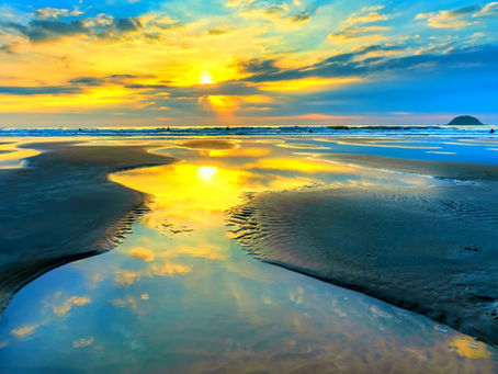 Golden rays of the setting sun reflect on tranquil tidal pools.