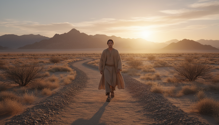 Wide-angle view of a lone figure walking along a quiet desert path at sunrise