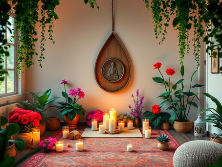 Eye-level view of a serene meditation space with candles and cushions