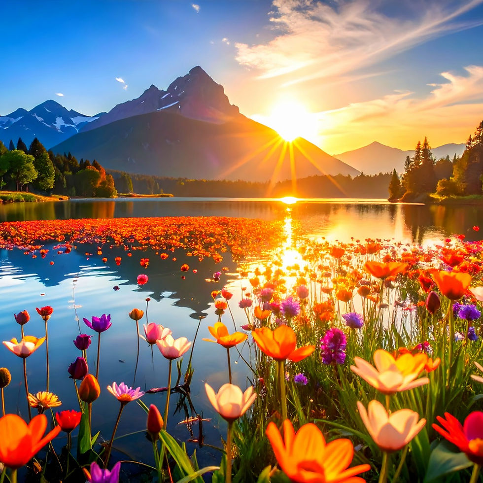 Sunrise illuminates the mountain peaks, casting a divine glow over the vibrant field of flowers and tranquil lake.