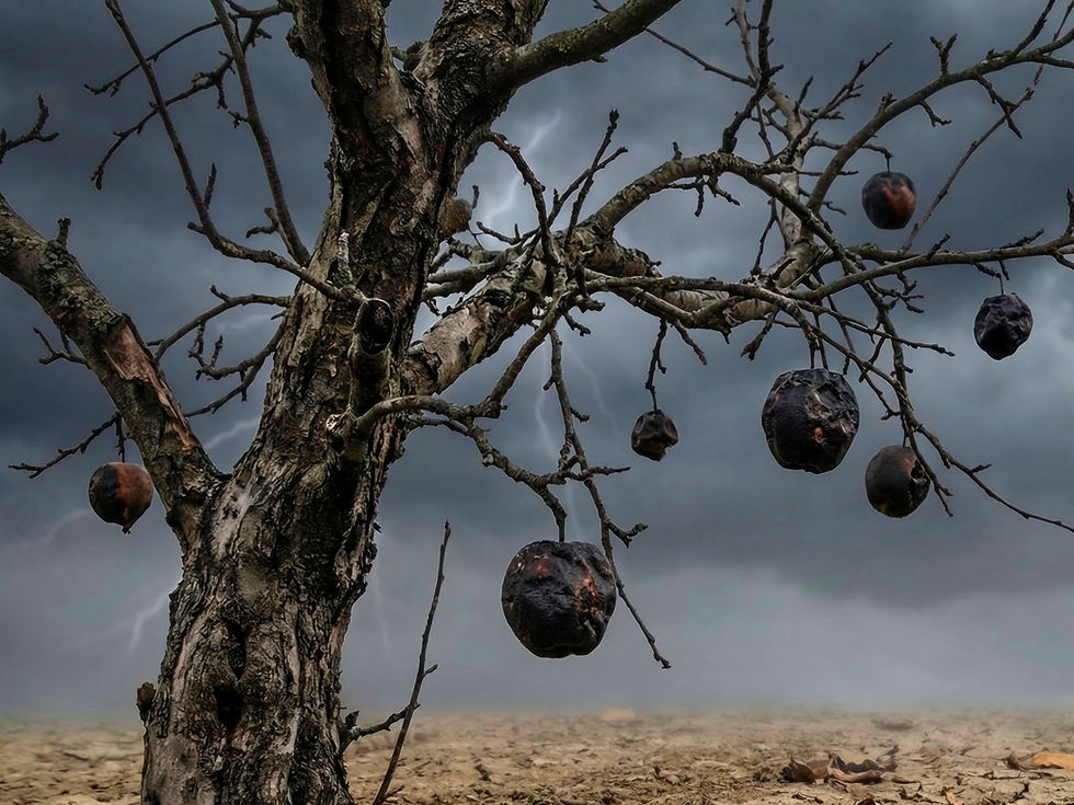 Bare tree with decaying apples.