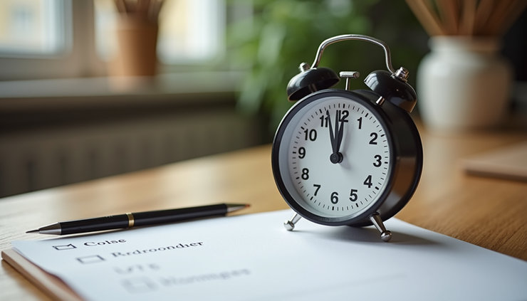 Close-up of a timer and a to-do list on a desk