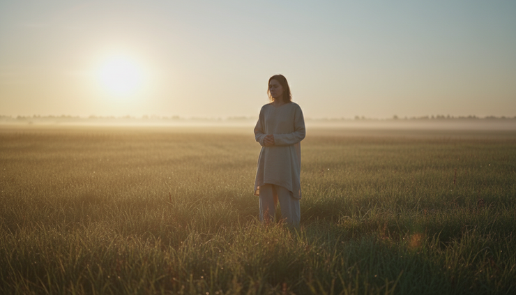 Wide-angle view of a single person standing quietly in a sunlit field at dawn