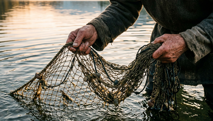 Close-up view of weathered hands holding a fishing net over sunlit water.
