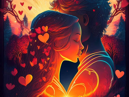 A romantic illustration captures two lovers embracing amidst a vibrant sunset,