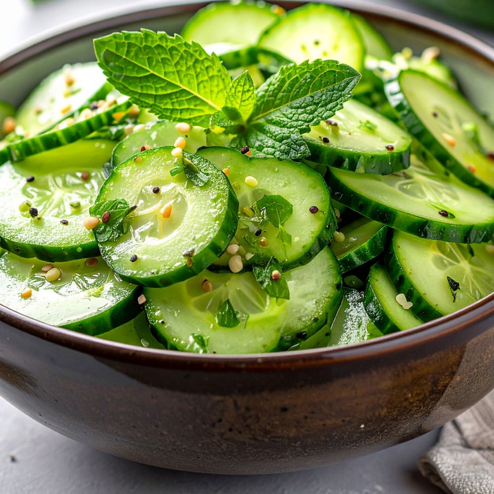 Eye-level view of a bowl of fresh cucumber and mint salad